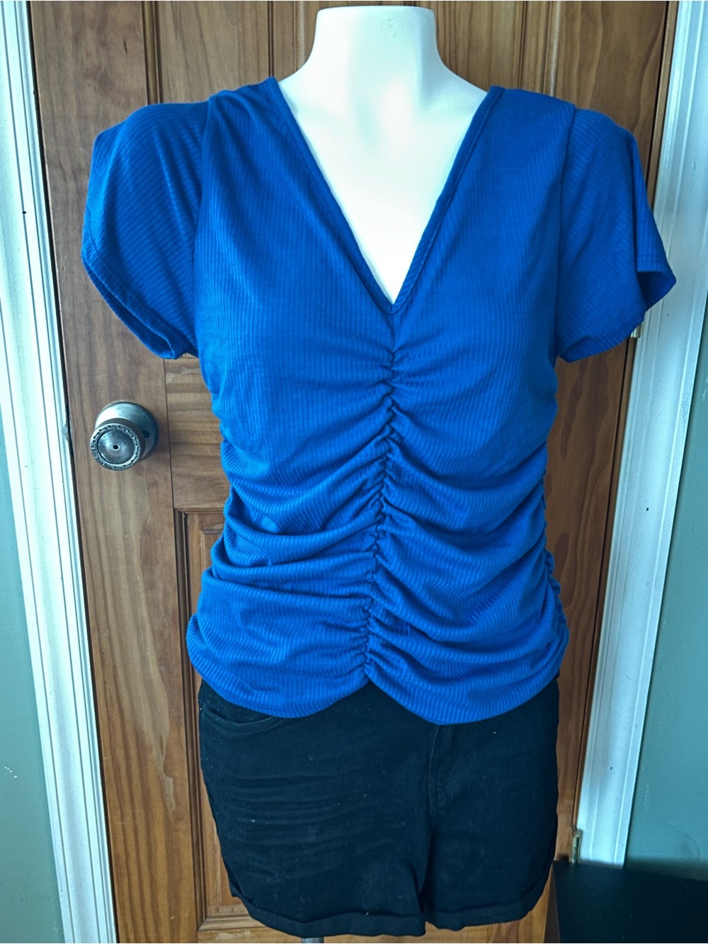 Rainbow Royal Blue Ruched V-Neck Short Sleeve Top